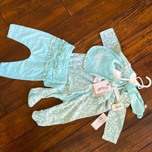 Blue Baby girl one piece plus a onesie with pants and a bib and a headband